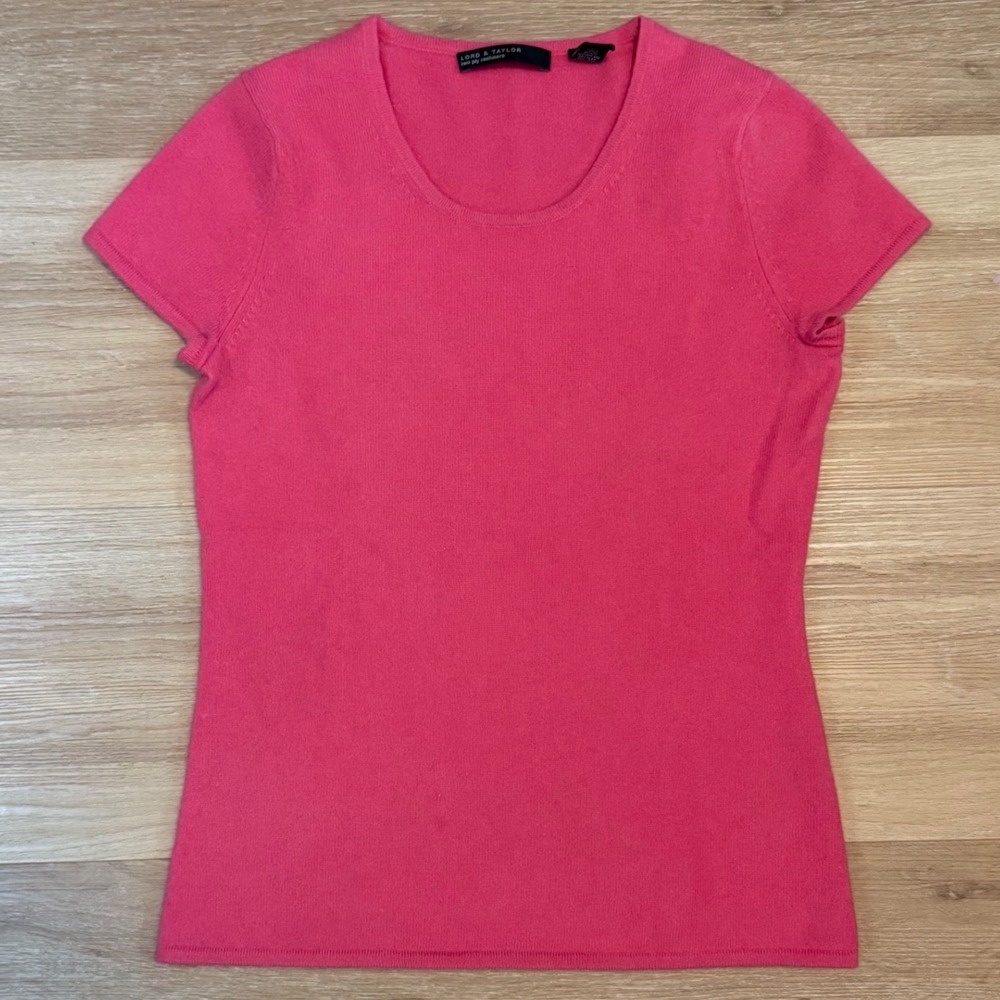 Lord & Taylor Hot Pink Cashmere Short Sleeve Scoop Neck Sweater Preppy Academia